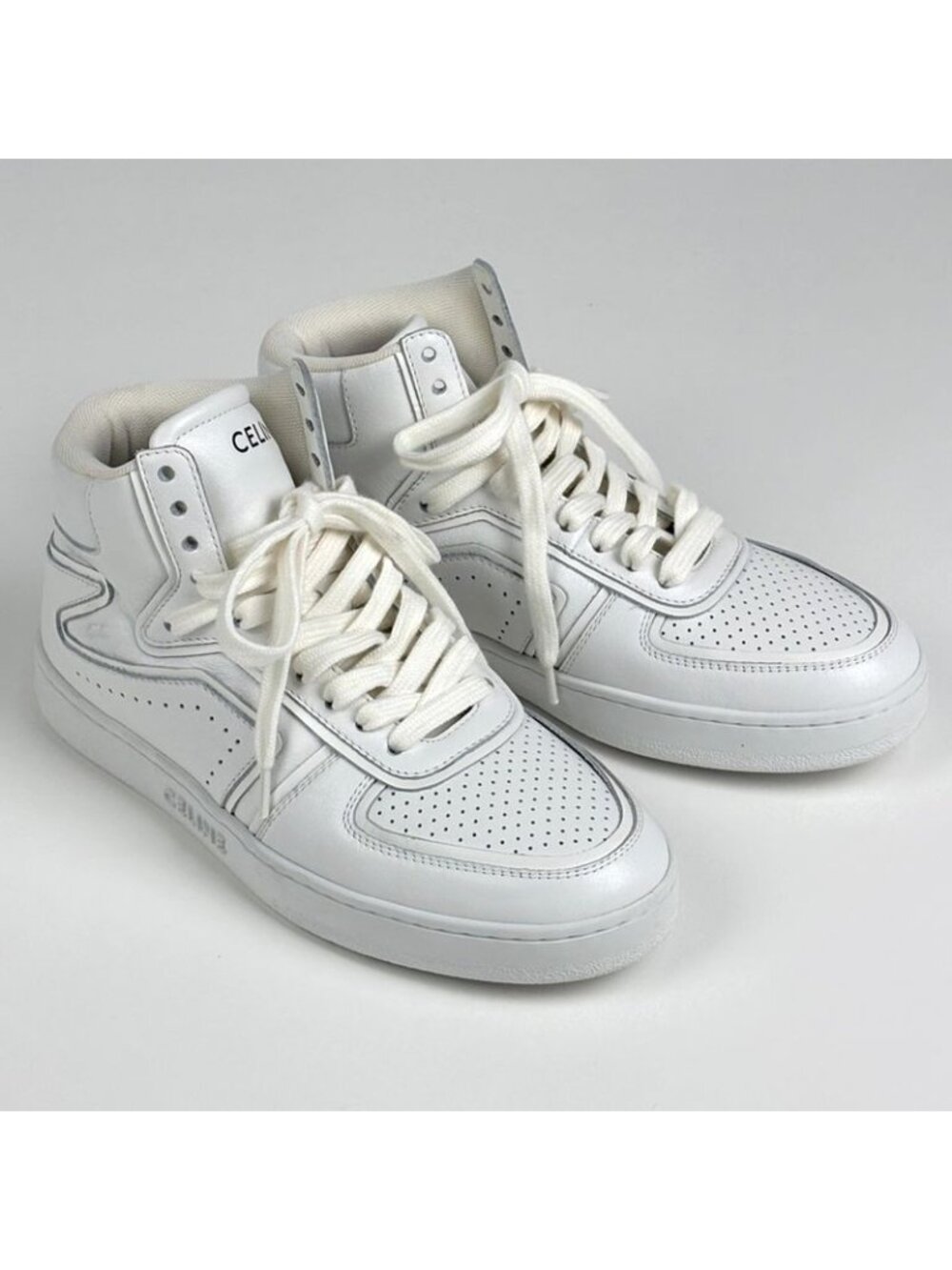 Celine CT 01 Lace Up High Cut Sneakers Logo Shoes Leather White - Picture 8 of 9